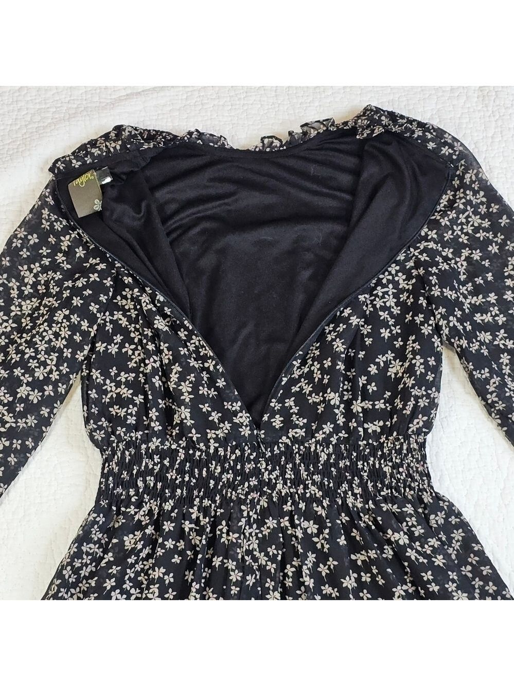 Taylor Women's Printed Smocked-Waist Tiered Chiffon Dress - Black/Latte - Picture 9 of 14